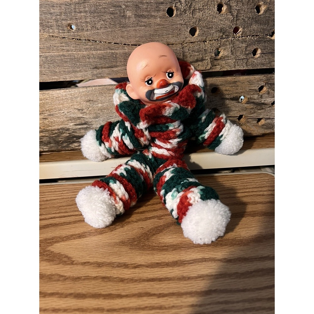 Crocheted Body Clown Rubber Head‎ Handmade Vintage Christmas Colors Kitschy!